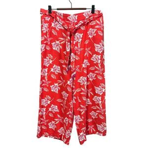 Maison d'Amelie Linen Blend Red Floral Beaded Sash Wide Leg Pant Women's Large